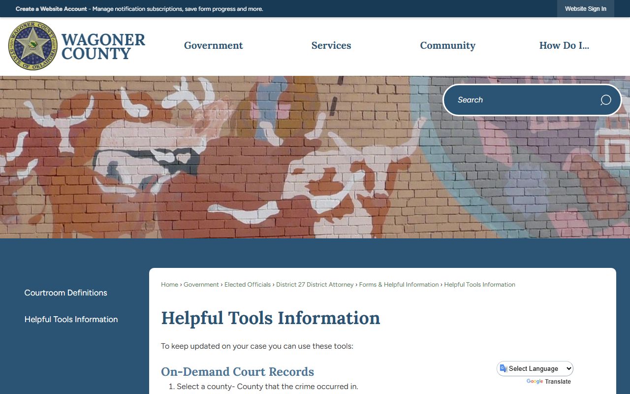 Wagoner County District Attorney helpful tools page with ODCR, OSCN, and VINE instructions