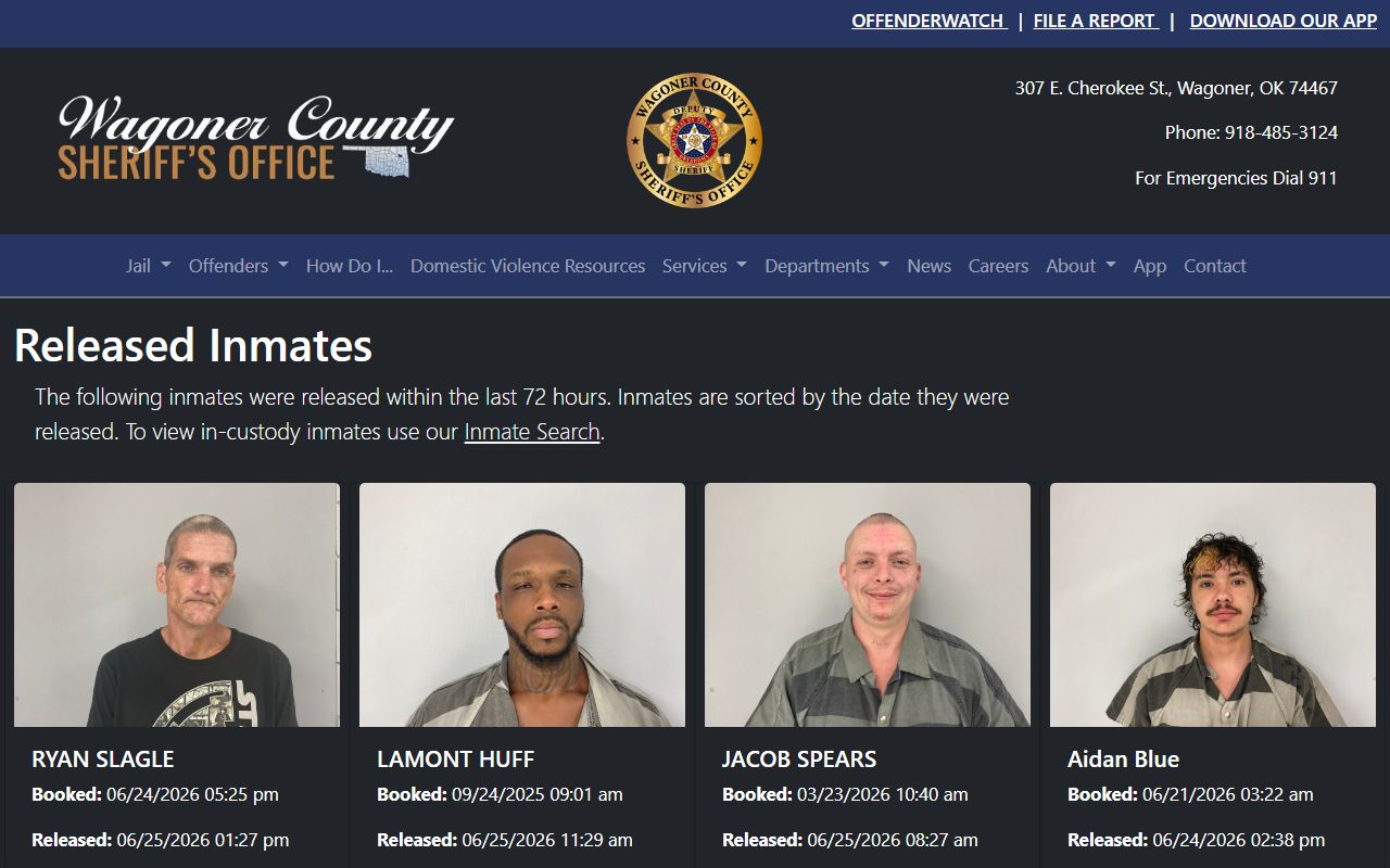 Wagoner County released inmates page with 72-hour booking photo cards and release timestamps
